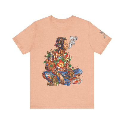 High Roller Meditation Mosaic Cannabis T-Shirt - Premium 420 Hip-Hop Zen Cross-Legged Street Culture Artistic Collage Apparel