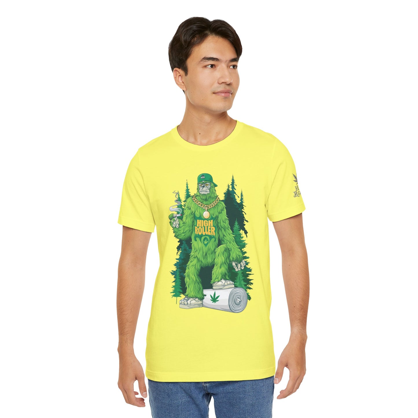 Bigfoot HIGH ROLLER Halloween Cannabis Forest T-Shirt - Premium Sasquatch Lifestyle Legend 420 Apparel