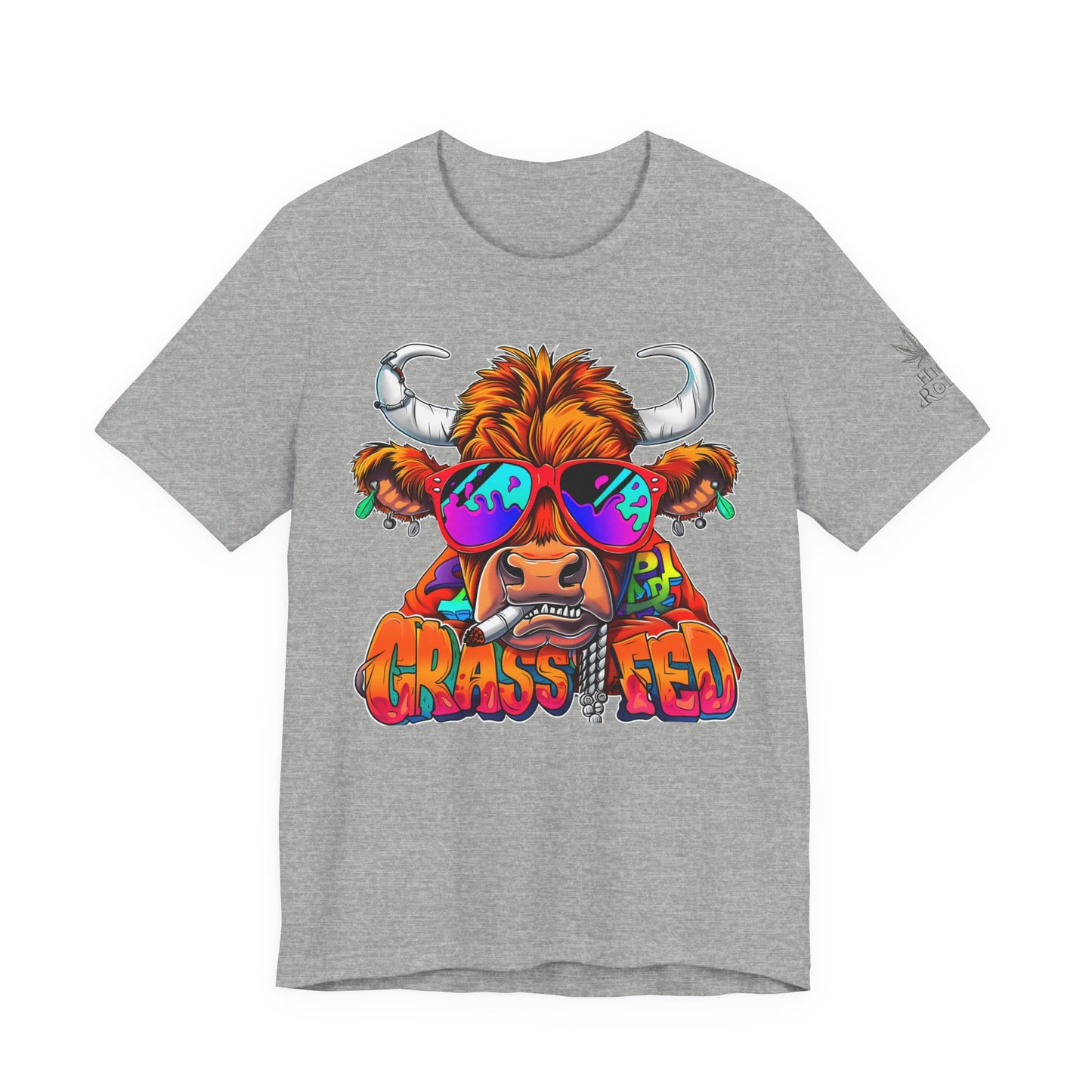 High Roller Grass Fed Cannabis T-Shirt - Premium 420 Highland Cow Humor Psychedelic Sunglasses Farm Culture Comedy Apparel