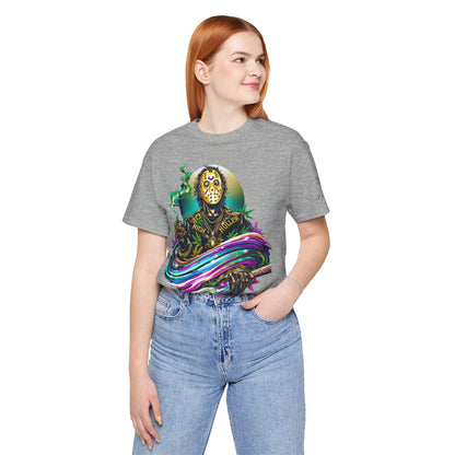 Psychedelic Jason Swoosh Cannabis T-Shirt - Premium Horror 420 Orange Edition Apparel