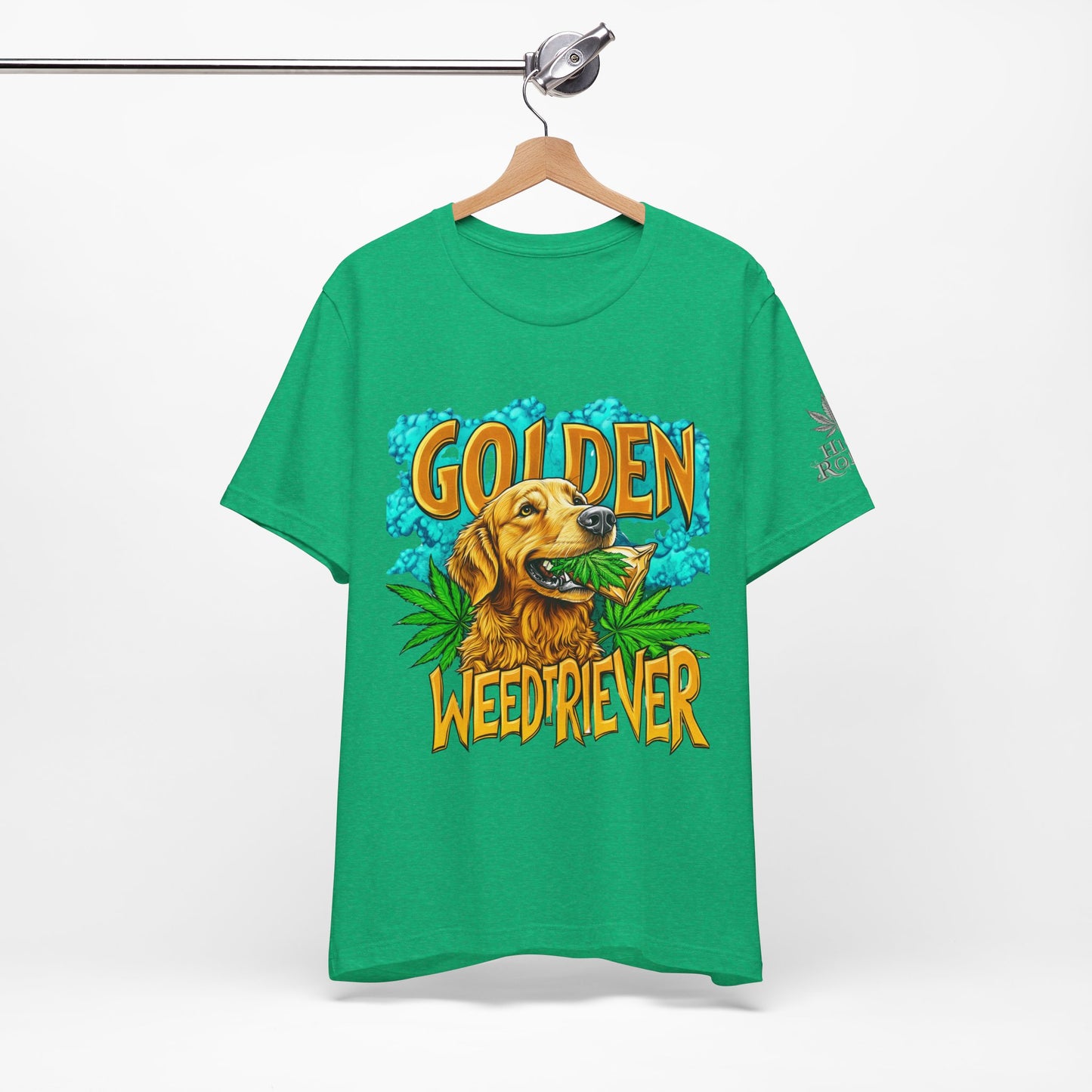 High Roller Golden Weedtriever Cannabis T-Shirt - Premium 420 Dog Lover Humor Golden Retriever Pun Comedy Pet Culture Apparel