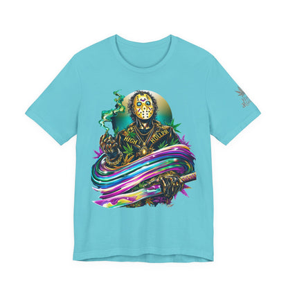 Psychedelic Jason Swoosh Cannabis T-Shirt - Premium Horror 420 Orange Edition Apparel