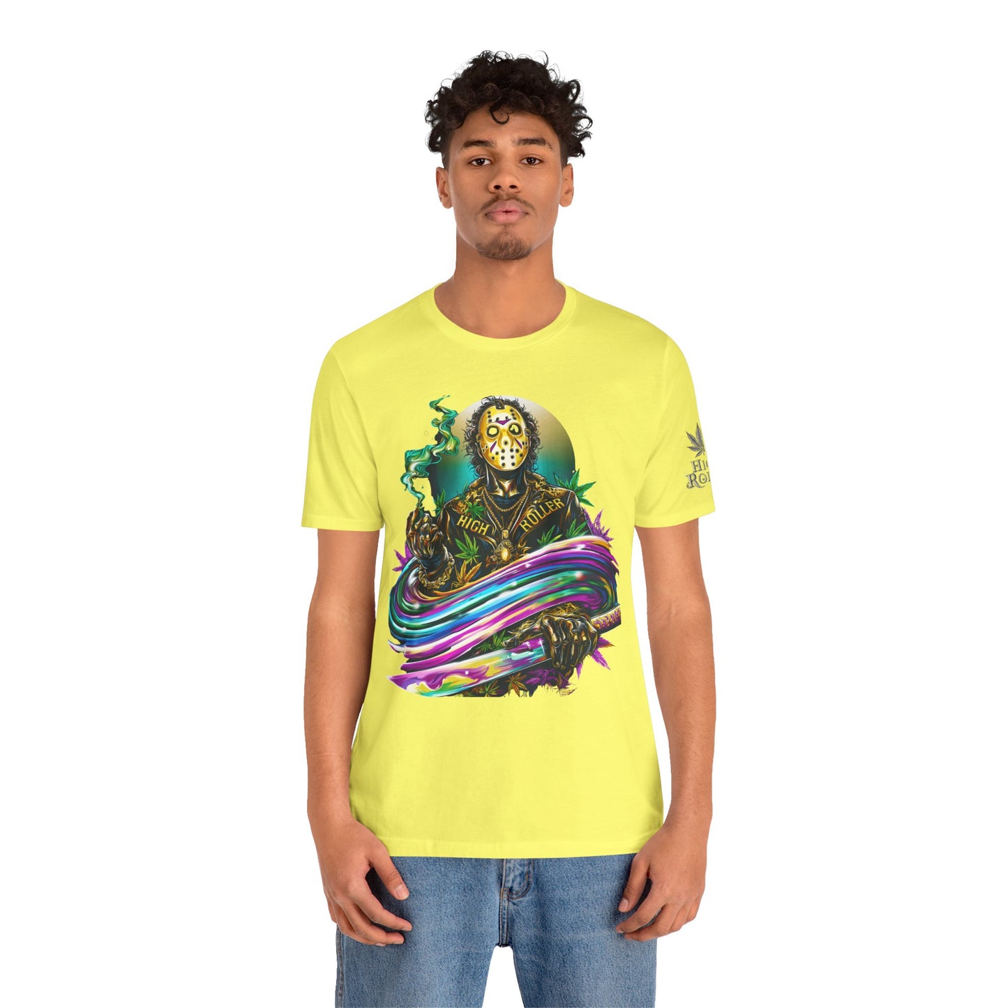 Psychedelic Jason Swoosh Cannabis T-Shirt - Premium Horror 420 Orange Edition Apparel