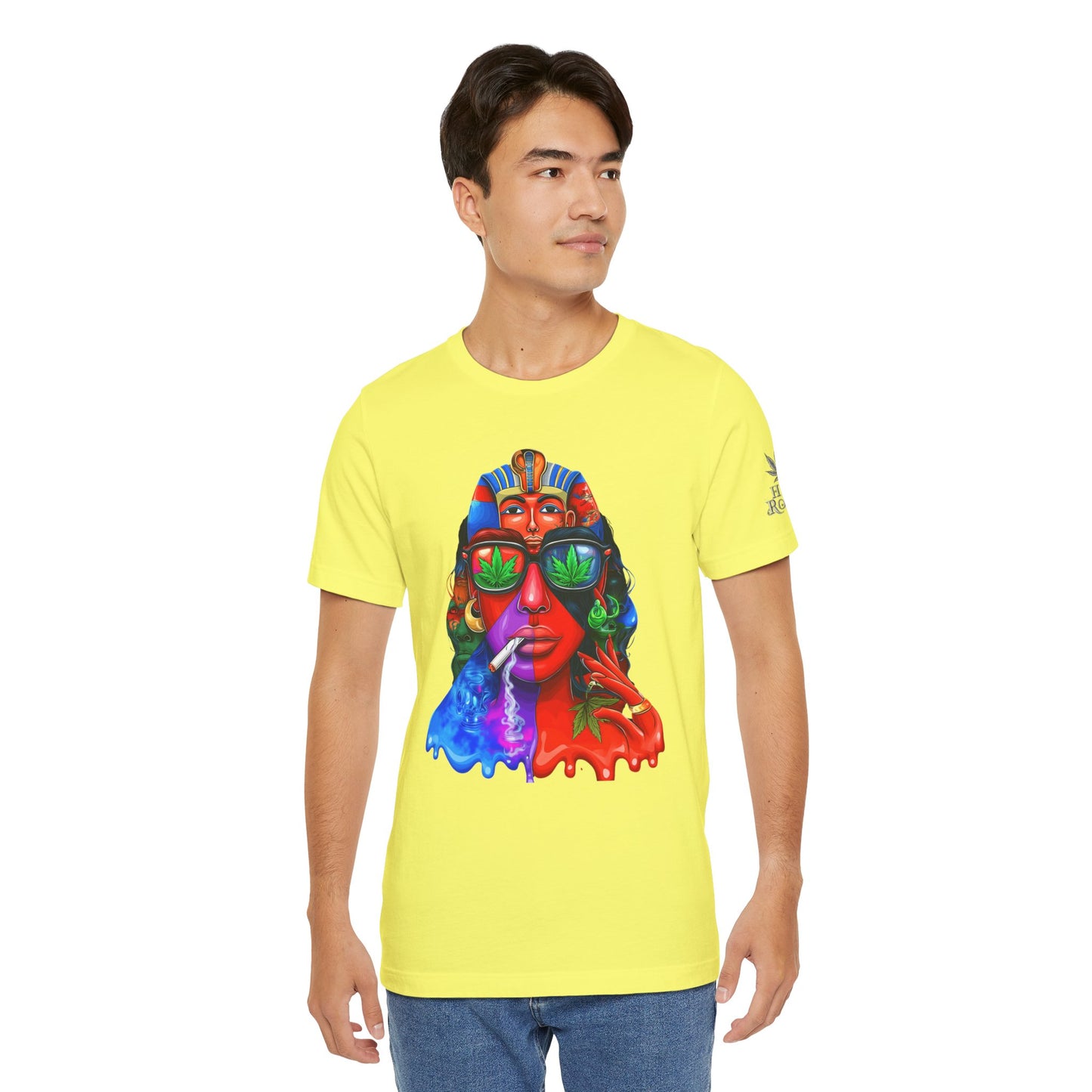 Pharaoh Vision Premium Cannabis Culture T-Shirt - Ancient Egyptian Royalty With Modern Cannabis Celebration And Psychedelic Split-Face Art
