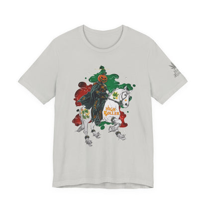 Headless Horseman HIGH ROLLER Halloween Cannabis T-Shirt - Premium Pumpkin Rider Skeletal Steed 420 Apparel