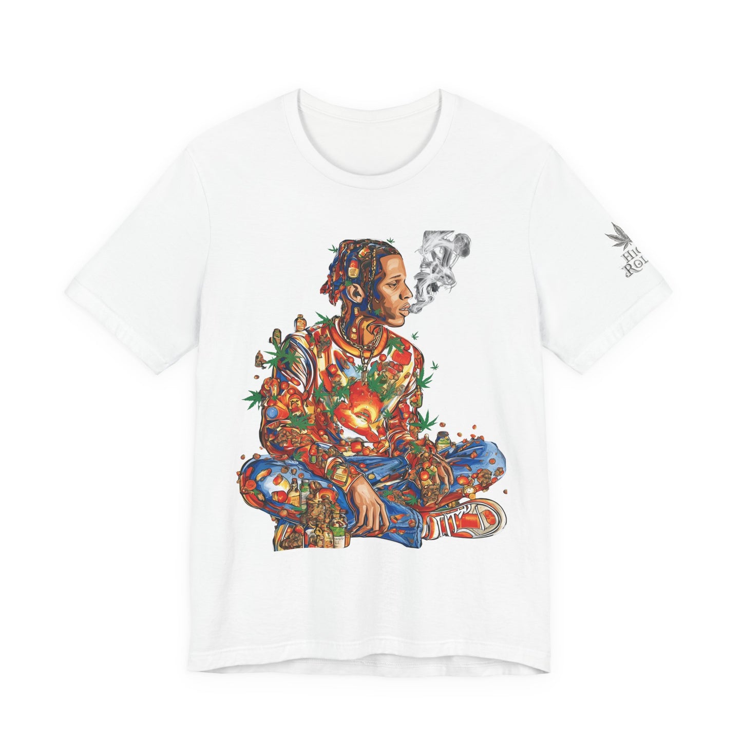 High Roller Meditation Mosaic Cannabis T-Shirt - Premium 420 Hip-Hop Zen Cross-Legged Street Culture Artistic Collage Apparel