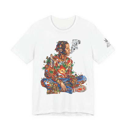 High Roller Meditation Mosaic Cannabis T-Shirt - Premium 420 Hip-Hop Zen Cross-Legged Street Culture Artistic Collage Apparel