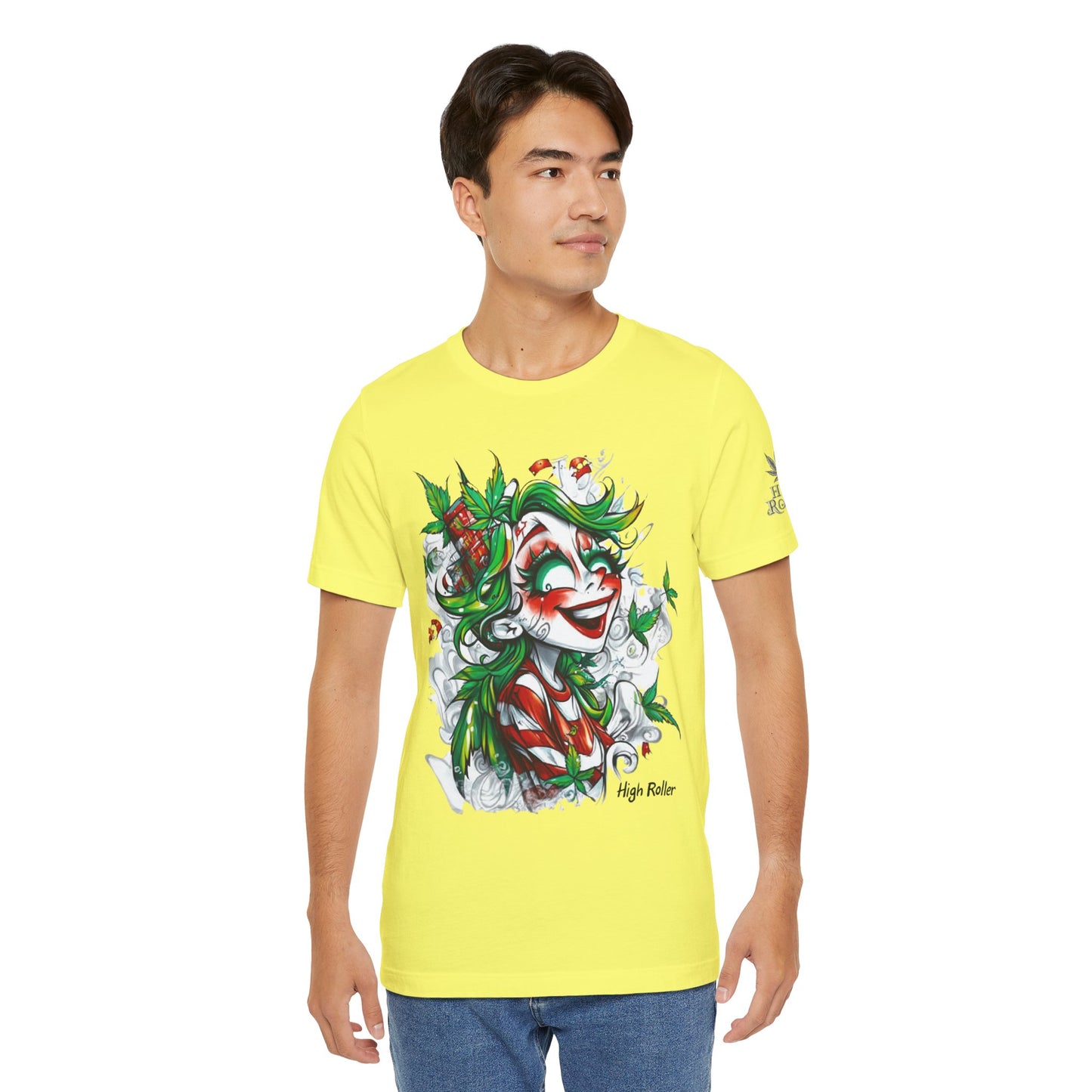 High Roller Jester Queen Cannabis T-Shirt - Premium 420 Harlequin Beauty Holiday Celebration Apparel