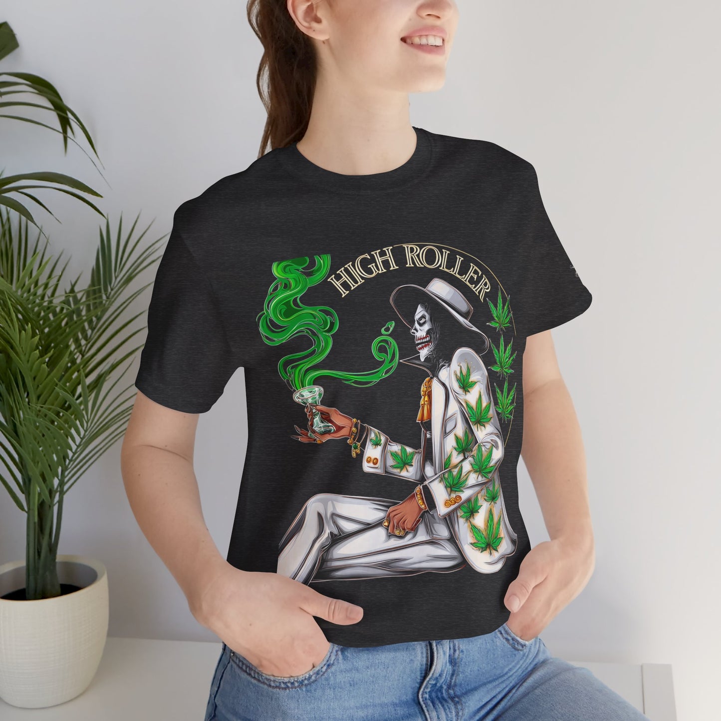 Skeletal HIGH ROLLER Halloween Cannabis Lounge T-Shirt - Premium Death's Day Off Botanical Relaxation 420 Apparel