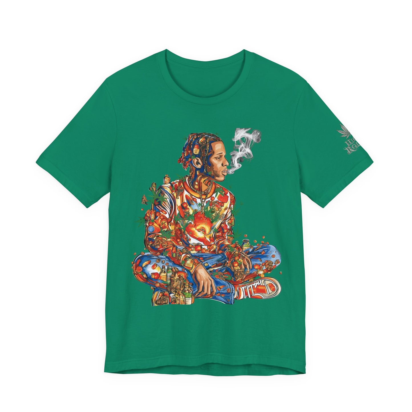 High Roller Meditation Mosaic Cannabis T-Shirt - Premium 420 Hip-Hop Zen Cross-Legged Street Culture Artistic Collage Apparel