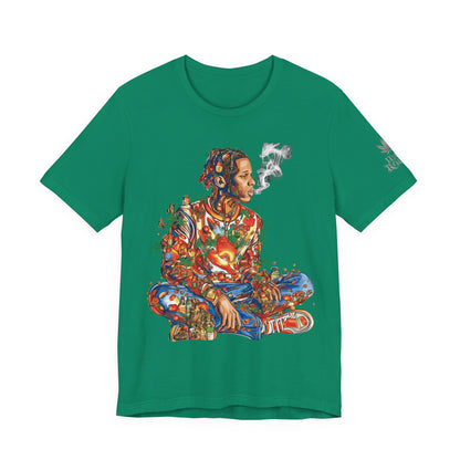 High Roller Meditation Mosaic Cannabis T-Shirt - Premium 420 Hip-Hop Zen Cross-Legged Street Culture Artistic Collage Apparel