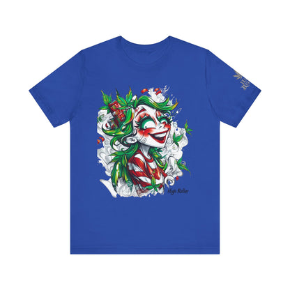 High Roller Jester Queen Cannabis T-Shirt - Premium 420 Harlequin Beauty Holiday Celebration Apparel