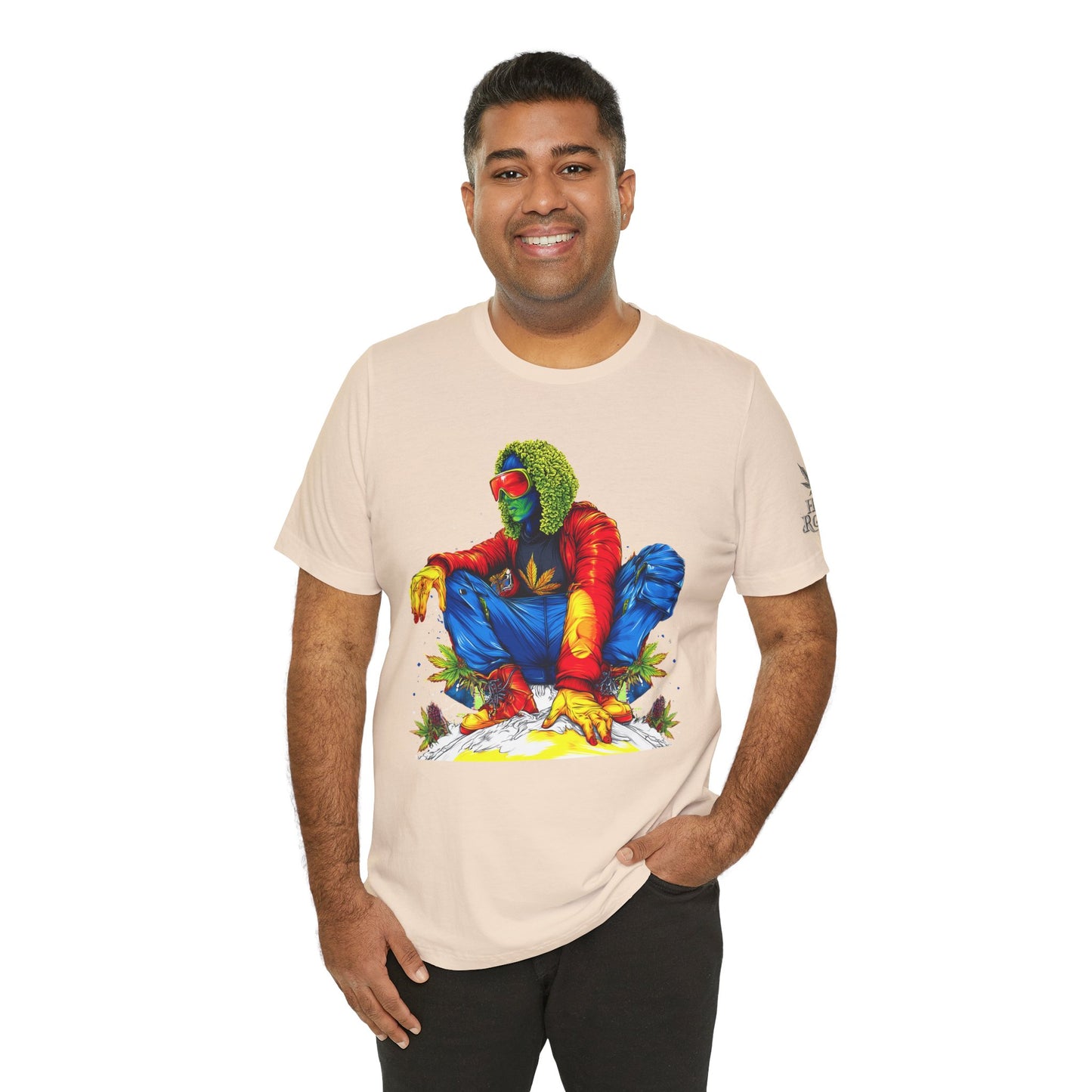 Psychedelic Chill Premium Cannabis Culture T-Shirt - Vibrant Street Art With Rainbow Color Explosion And Meditative Pose