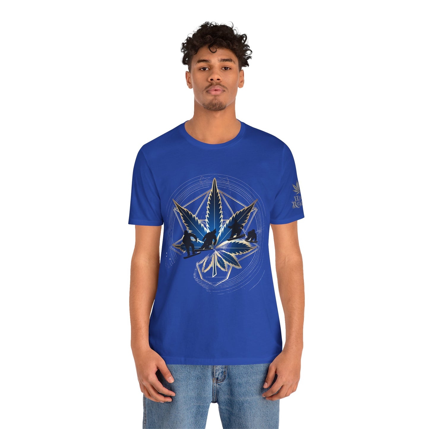 Sacred Geometry Snowboard Premium Cannabis Culture T-Shirt - Emerald Green Tee With Action Sports And Crystalline Cannabis Geometric Mandala