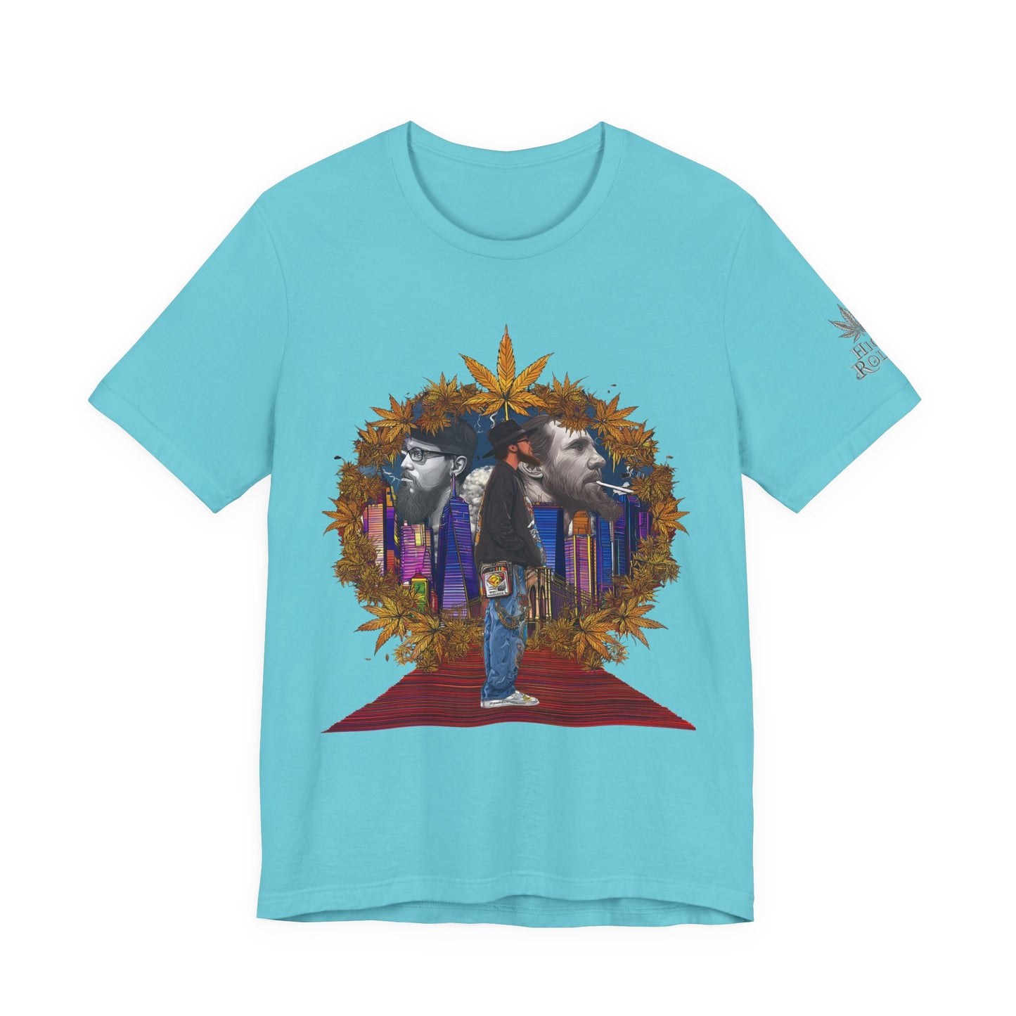 Red Carpet Royalty Premium Cannabis Culture T-Shirt - Hip-Hop Legends Tribute With Golden Cannabis Wreath And City Skyline