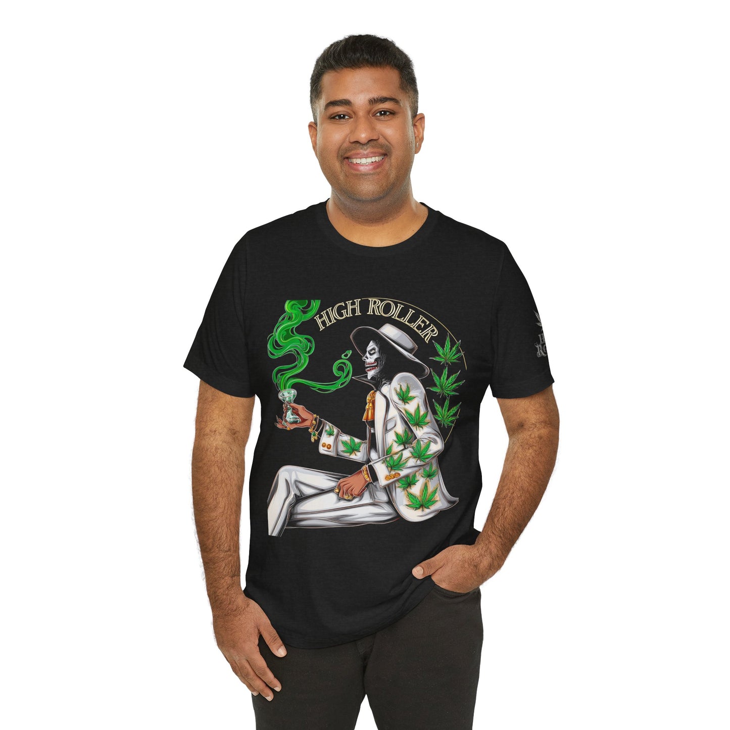 Skeletal HIGH ROLLER Halloween Cannabis Lounge T-Shirt - Premium Death's Day Off Botanical Relaxation 420 Apparel