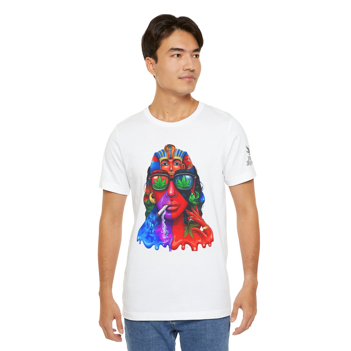 Pharaoh Vision Premium Cannabis Culture T-Shirt - Ancient Egyptian Royalty With Modern Cannabis Celebration And Psychedelic Split-Face Art