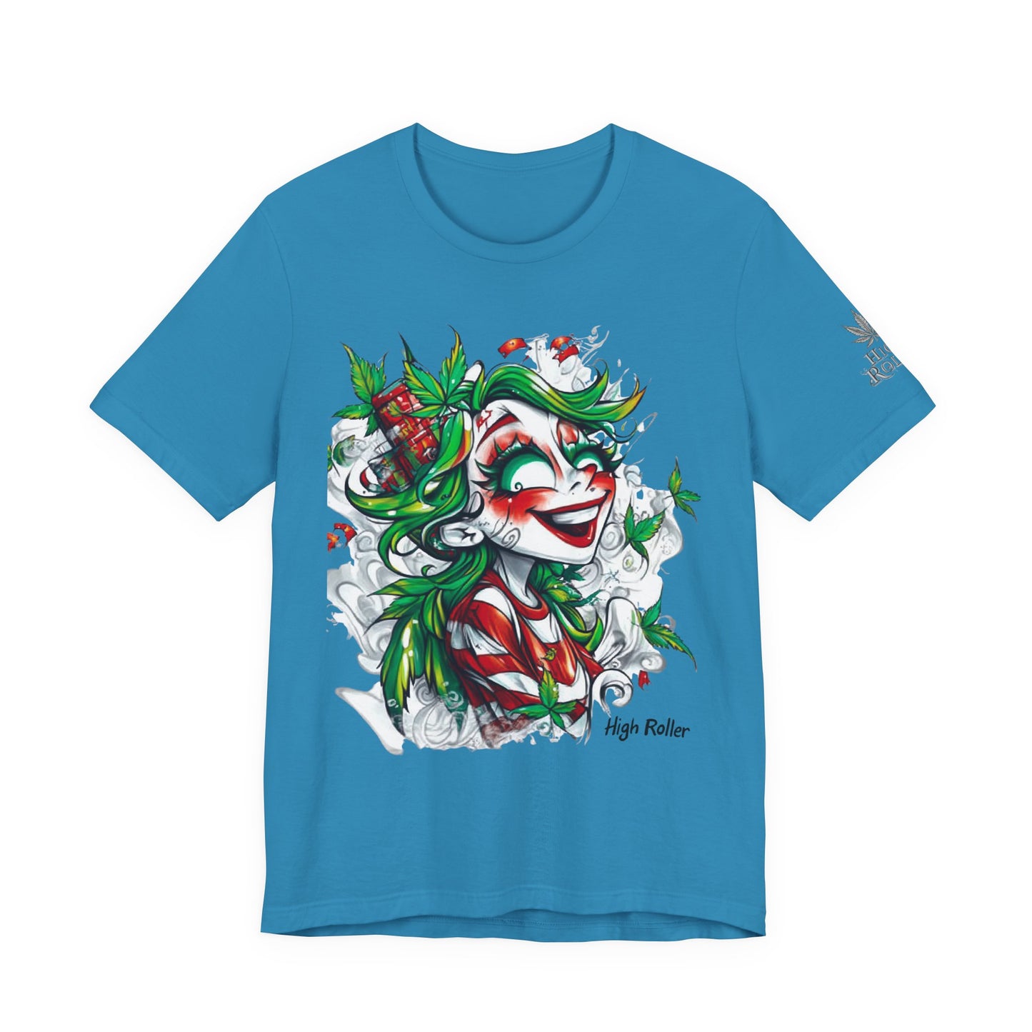 High Roller Jester Queen Cannabis T-Shirt - Premium 420 Harlequin Beauty Holiday Celebration Apparel