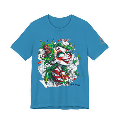 High Roller Jester Queen Cannabis T-Shirt - Premium 420 Harlequin Beauty Holiday Celebration Apparel