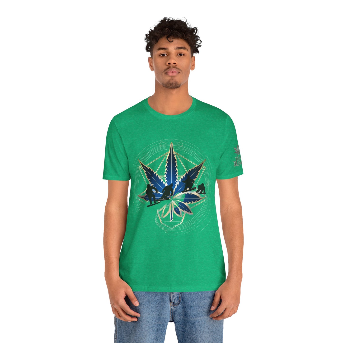 Sacred Geometry Snowboard Premium Cannabis Culture T-Shirt - Emerald Green Tee With Action Sports And Crystalline Cannabis Geometric Mandala