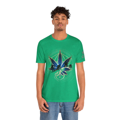 Sacred Geometry Snowboard Premium Cannabis Culture T-Shirt - Emerald Green Tee With Action Sports And Crystalline Cannabis Geometric Mandala