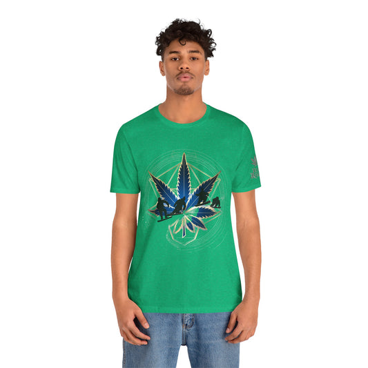 Sacred Geometry Snowboard Premium Cannabis Culture T-Shirt - Emerald Green Tee With Action Sports And Crystalline Cannabis Geometric Mandala