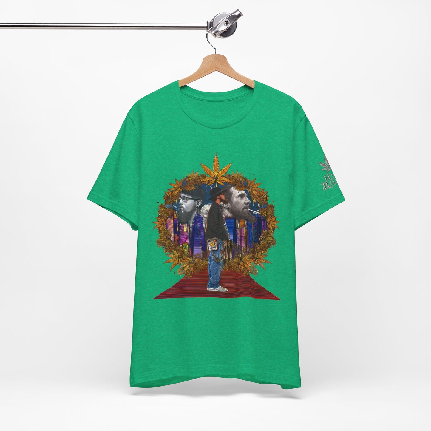 Red Carpet Royalty Premium Cannabis Culture T-Shirt - Hip-Hop Legends Tribute With Golden Cannabis Wreath And City Skyline