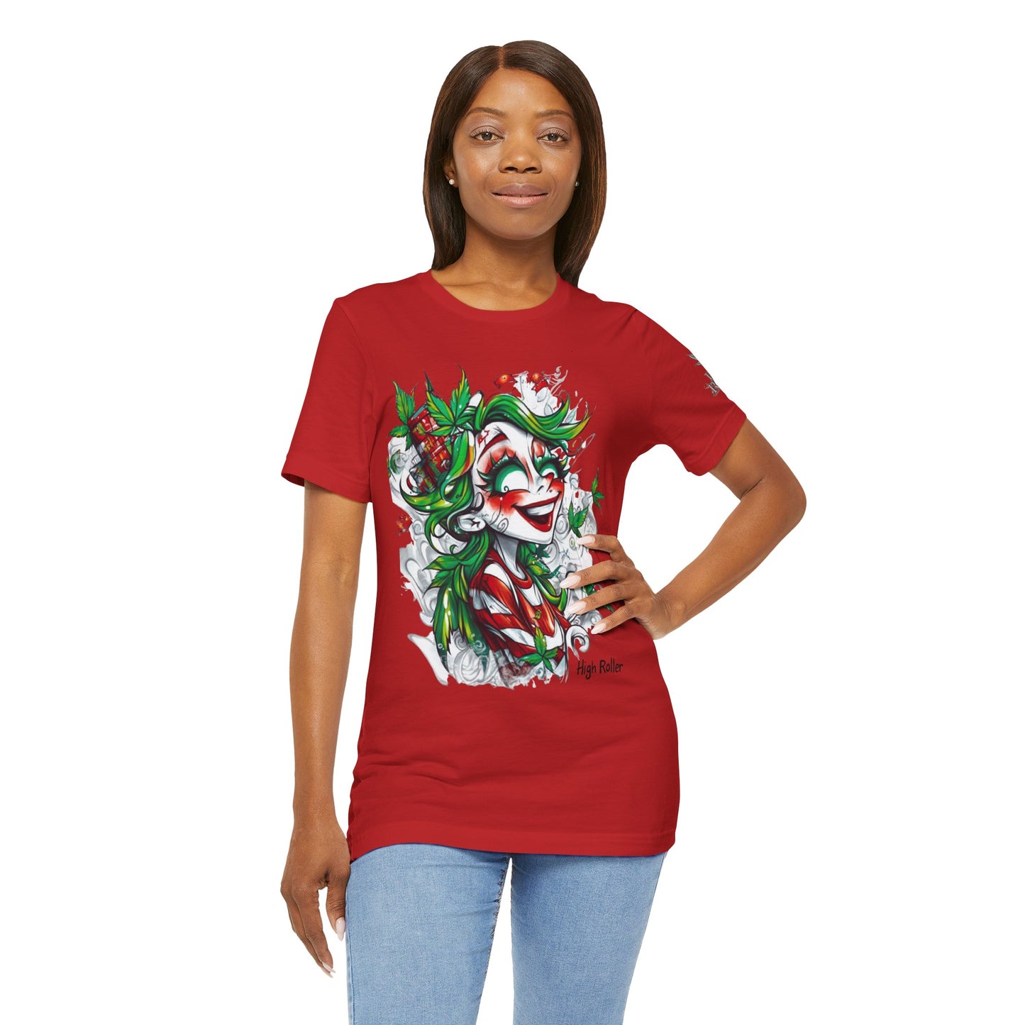 High Roller Jester Queen Cannabis T-Shirt - Premium 420 Harlequin Beauty Holiday Celebration Apparel