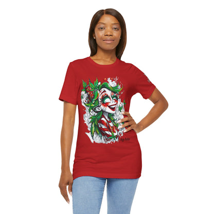 High Roller Jester Queen Cannabis T-Shirt - Premium 420 Harlequin Beauty Holiday Celebration Apparel