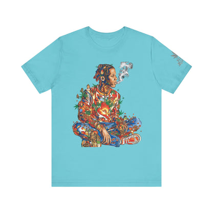 High Roller Meditation Mosaic Cannabis T-Shirt - Premium 420 Hip-Hop Zen Cross-Legged Street Culture Artistic Collage Apparel