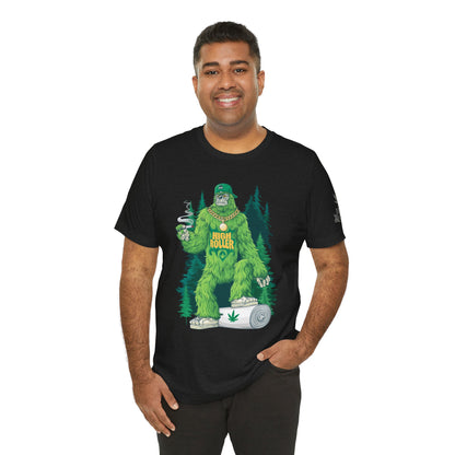 Bigfoot HIGH ROLLER Halloween Cannabis Forest T-Shirt - Premium Sasquatch Lifestyle Legend 420 Apparel