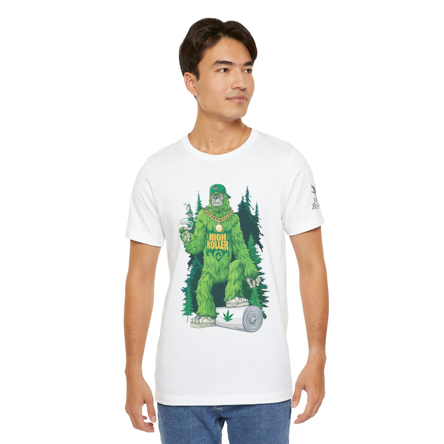 Bigfoot HIGH ROLLER Halloween Cannabis Forest T-Shirt - Premium Sasquatch Lifestyle Legend 420 Apparel