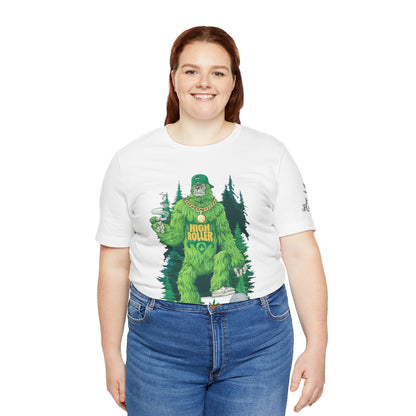 Bigfoot HIGH ROLLER Halloween Cannabis Forest T-Shirt - Premium Sasquatch Lifestyle Legend 420 Apparel