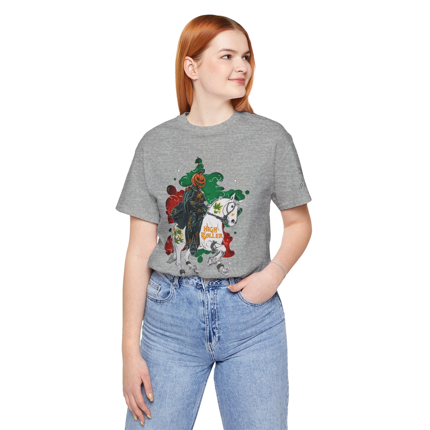 Headless Horseman HIGH ROLLER Halloween Cannabis T-Shirt - Premium Pumpkin Rider Skeletal Steed 420 Apparel
