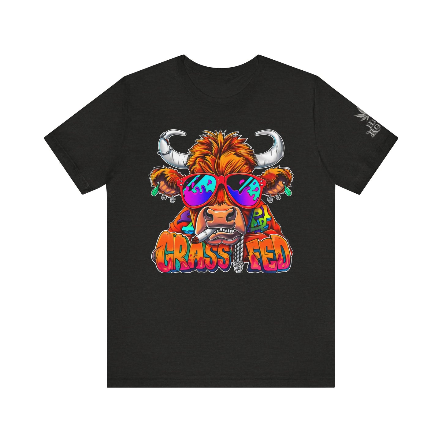 High Roller Grass Fed Cannabis T-Shirt - Premium 420 Highland Cow Humor Psychedelic Sunglasses Farm Culture Comedy Apparel