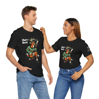 High as Buck T-Shirt - Premium Airlume Cotton Cannabis Christmas Deer Holiday Tee