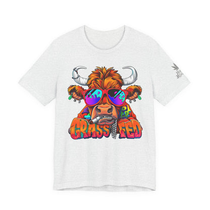 High Roller Grass Fed Cannabis T-Shirt - Premium 420 Highland Cow Humor Psychedelic Sunglasses Farm Culture Comedy Apparel