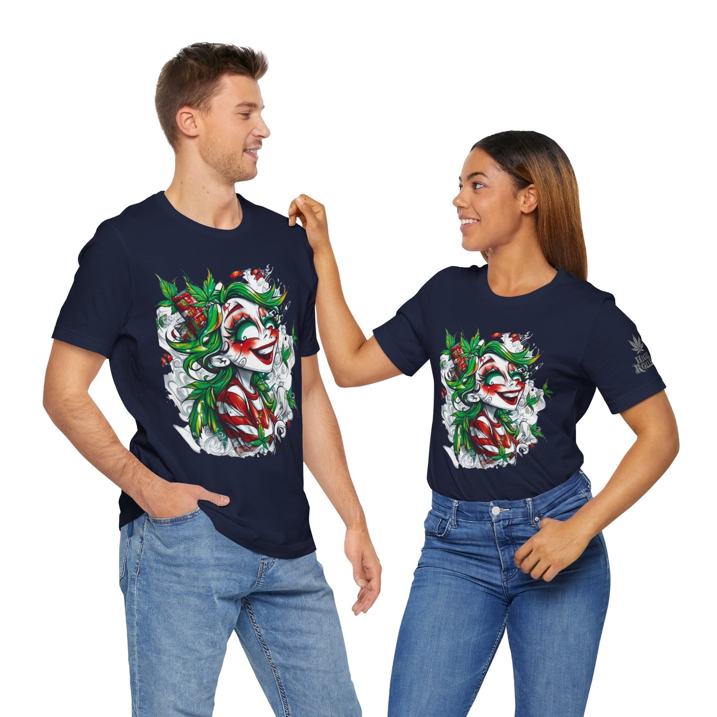 High Roller Jester Queen Cannabis T-Shirt - Premium 420 Harlequin Beauty Holiday Celebration Apparel
