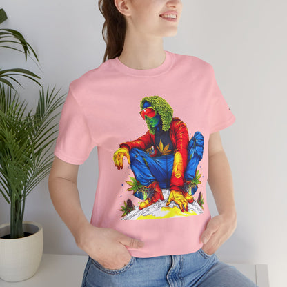 Psychedelic Chill Premium Cannabis Culture T-Shirt - Vibrant Street Art With Rainbow Color Explosion And Meditative Pose