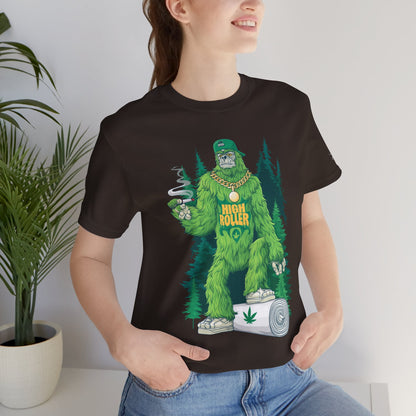 Bigfoot HIGH ROLLER Halloween Cannabis Forest T-Shirt - Premium Sasquatch Lifestyle Legend 420 Apparel
