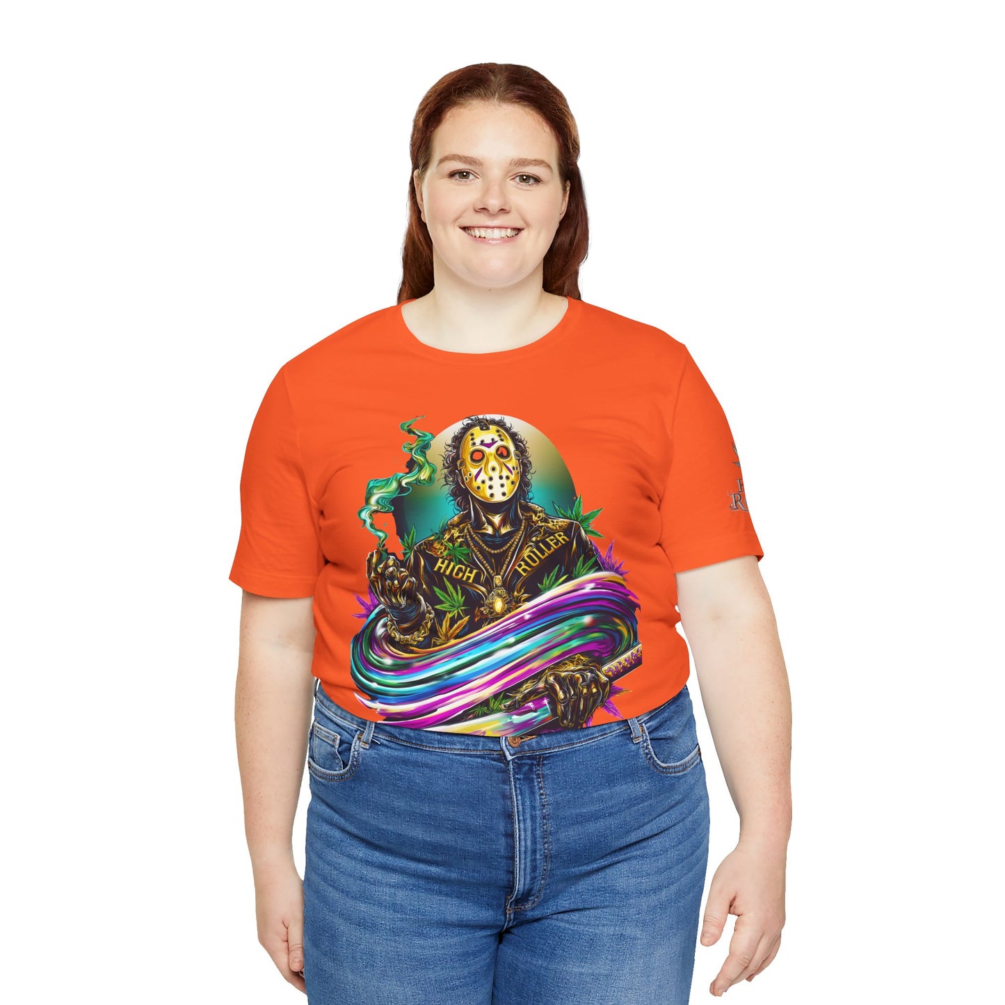 Psychedelic Jason Swoosh Cannabis T-Shirt - Premium Horror 420 Orange Edition Apparel
