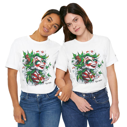 High Roller Jester Queen Cannabis T-Shirt - Premium 420 Harlequin Beauty Holiday Celebration Apparel