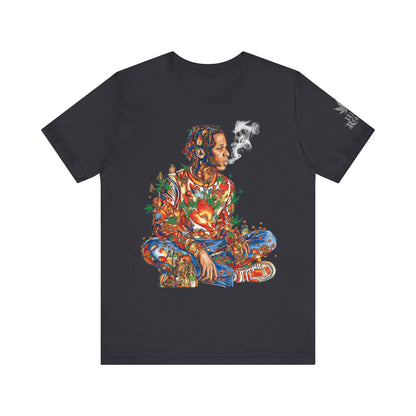 High Roller Meditation Mosaic Cannabis T-Shirt - Premium 420 Hip-Hop Zen Cross-Legged Street Culture Artistic Collage Apparel