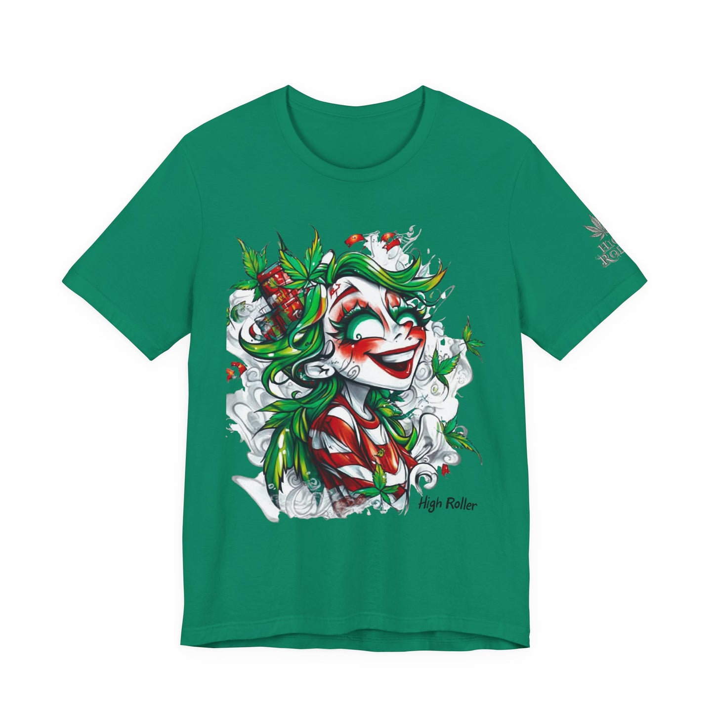 High Roller Jester Queen Cannabis T-Shirt - Premium 420 Harlequin Beauty Holiday Celebration Apparel