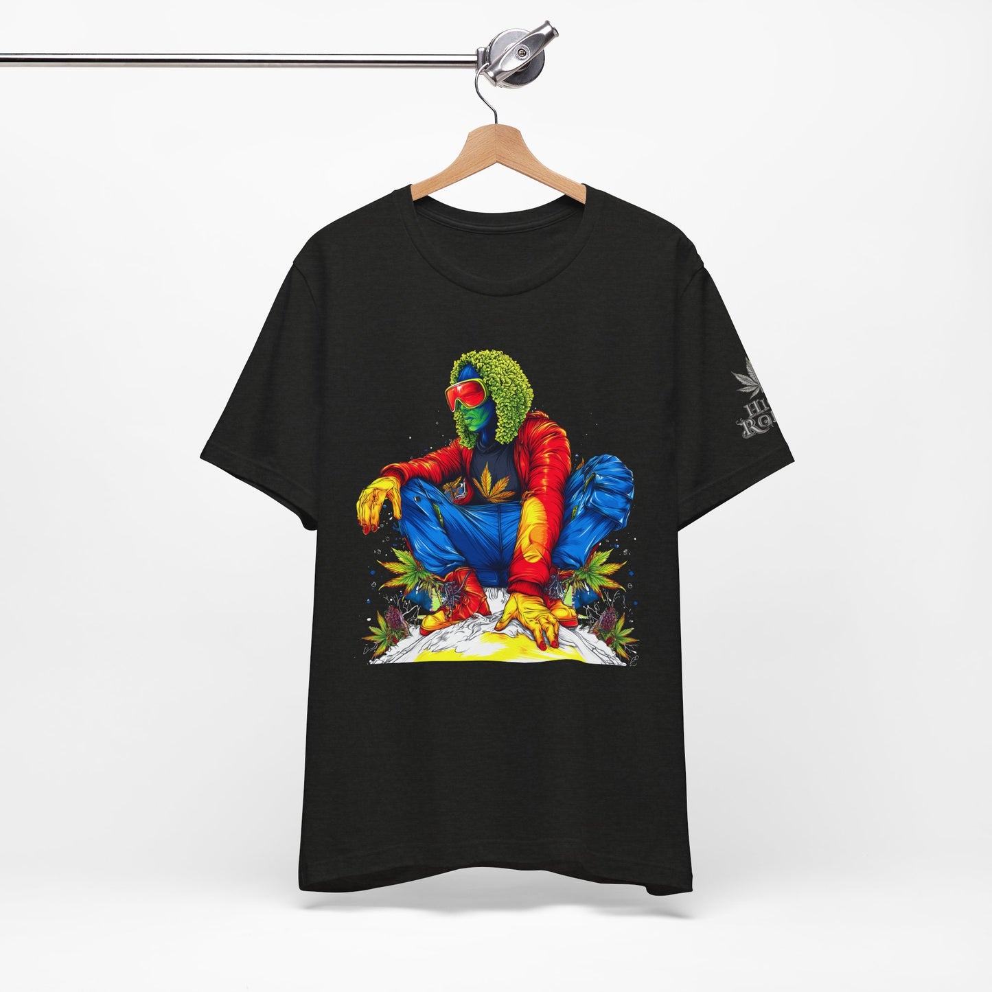 Psychedelic Chill Premium Cannabis Culture T-Shirt - Vibrant Street Art With Rainbow Color Explosion And Meditative Pose