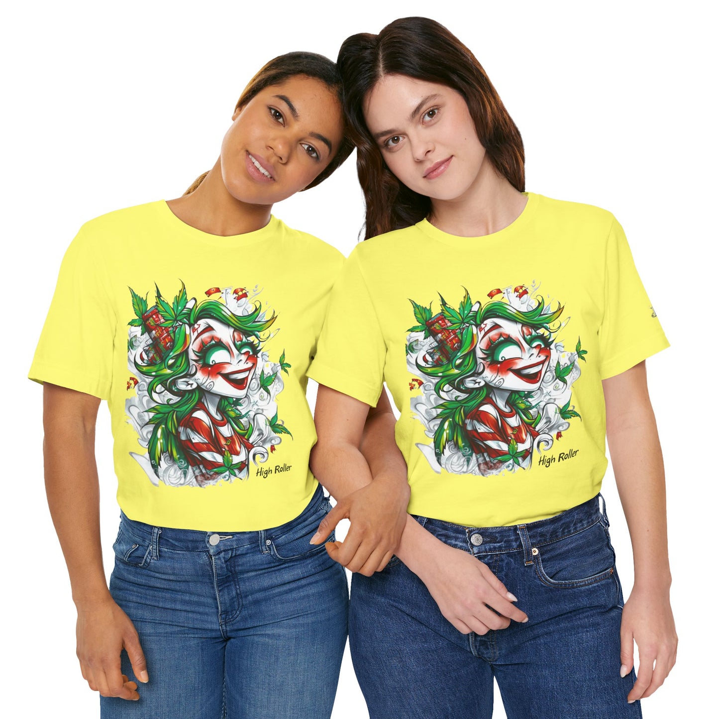 High Roller Jester Queen Cannabis T-Shirt - Premium 420 Harlequin Beauty Holiday Celebration Apparel