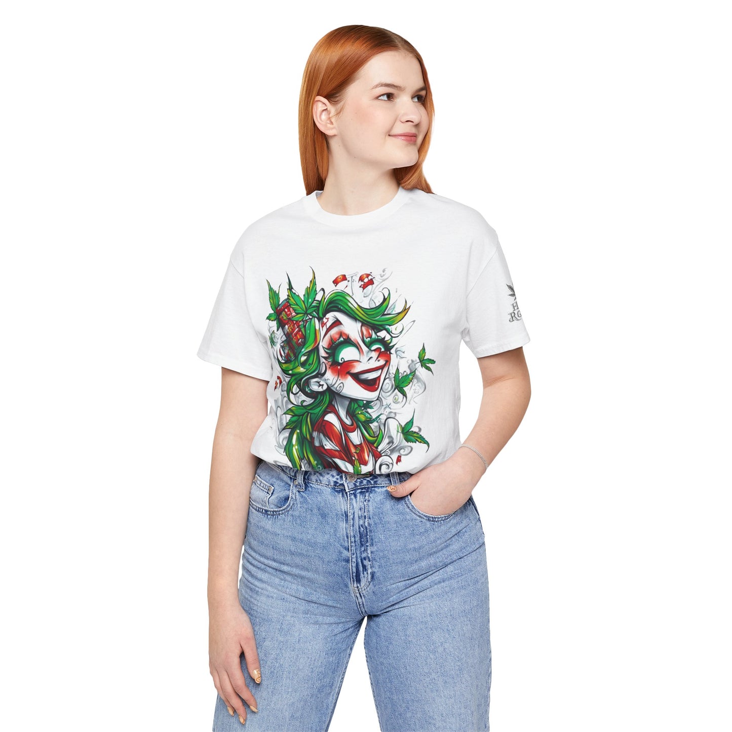 High Roller Jester Queen Cannabis T-Shirt - Premium 420 Harlequin Beauty Holiday Celebration Apparel