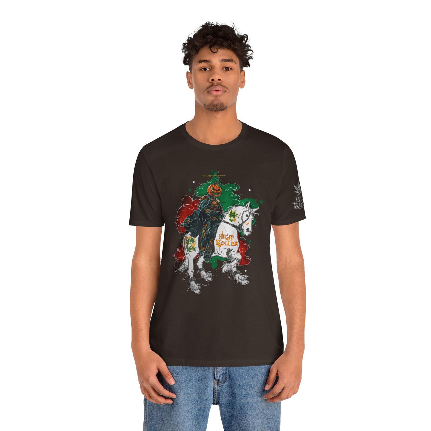 Headless Horseman HIGH ROLLER Halloween Cannabis T-Shirt - Premium Pumpkin Rider Skeletal Steed 420 Apparel
