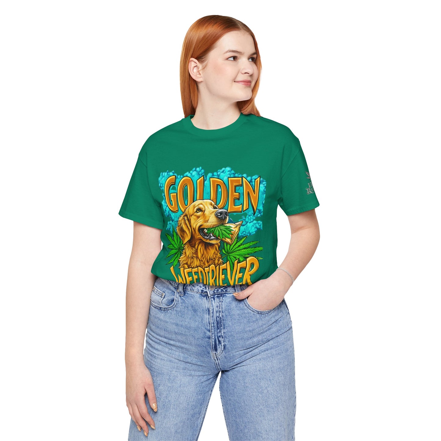 High Roller Golden Weedtriever Cannabis T-Shirt - Premium 420 Dog Lover Humor Golden Retriever Pun Comedy Pet Culture Apparel