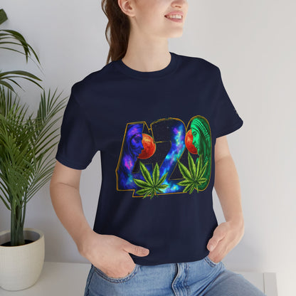 420 Cosmic Connection Premium Cannabis Culture T-Shirt - Bold Typography With Celestial Profiles And Luminous Cannabis Leaf Design